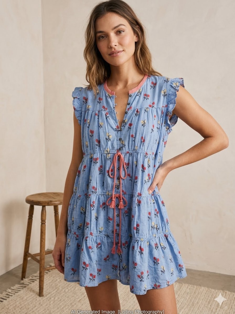 Free People Boho Fairy Blue Floral Mini Dress Ruffle Sleeve Button Front Size M